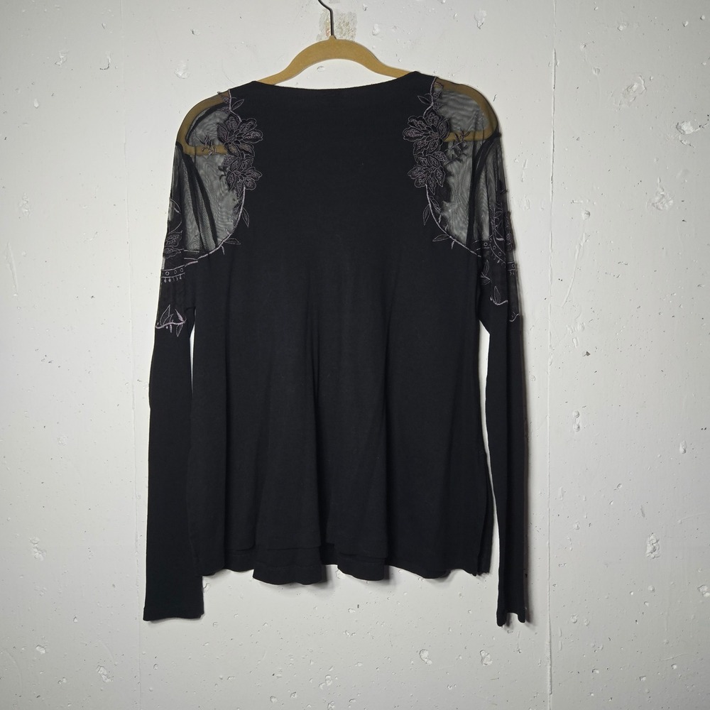 Free People Black Sheer Mesh Ribbed Long Sleeve Top Large Grunge Whimsigoth - Picture 2 of 8